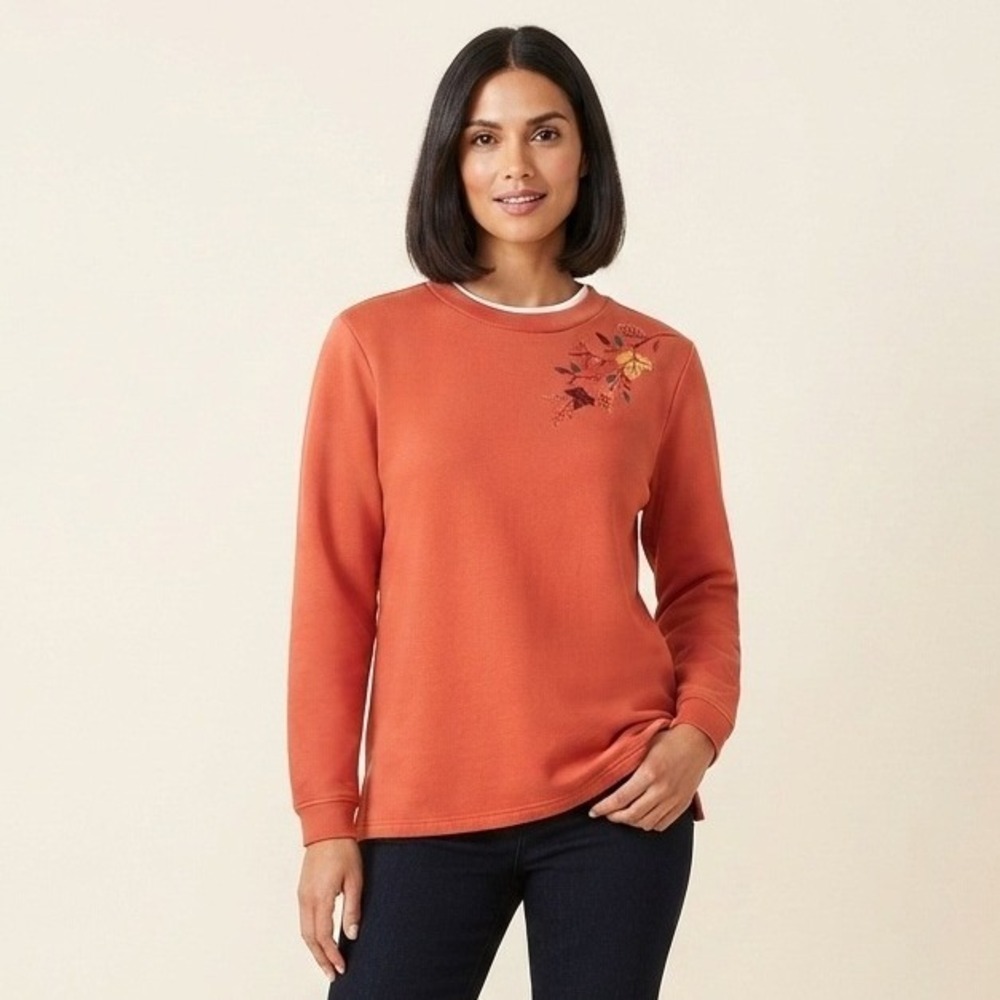 Vtg Blair Womens Embroidered Leaf Sweatshirt Rust Orange Fall Autumn L/S Top